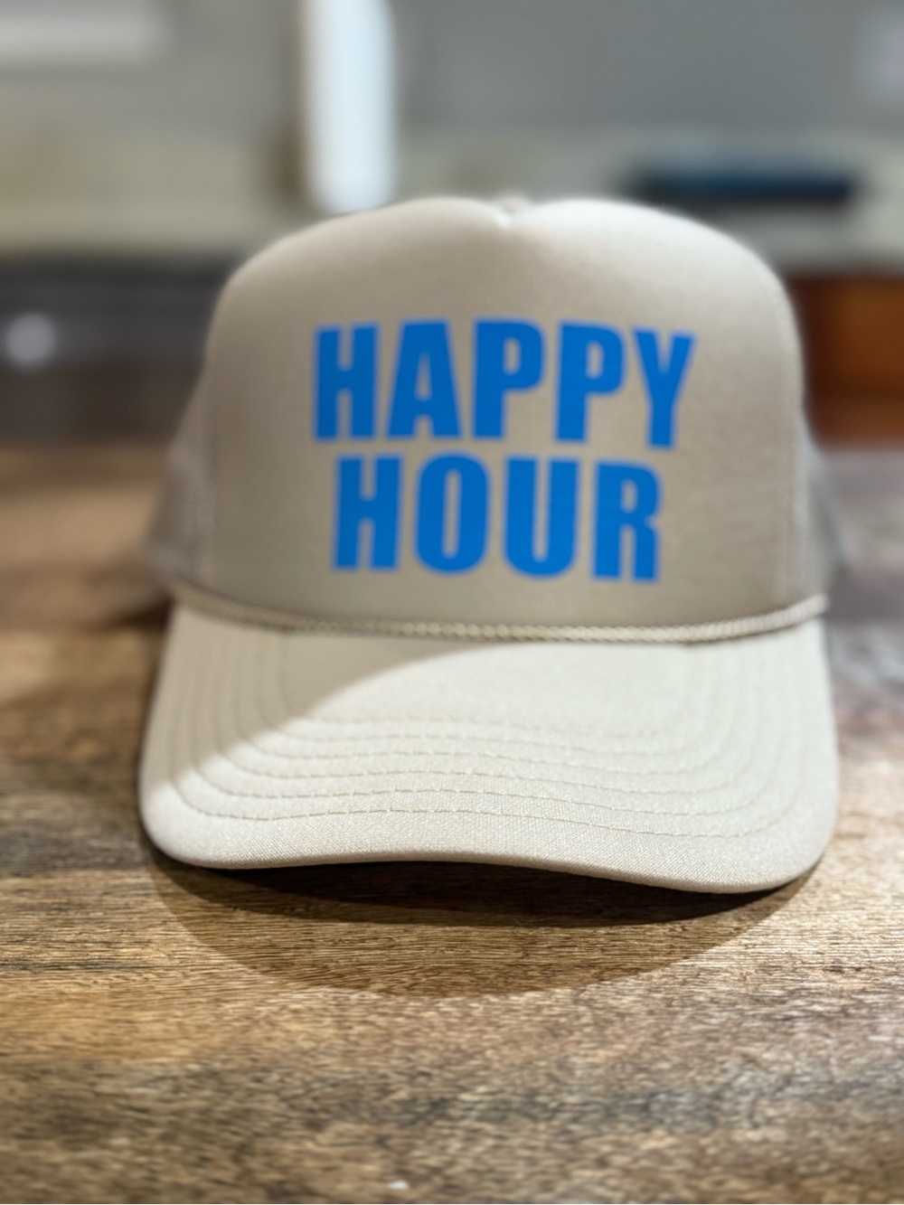 OTTO Beige Trucker Hat with Bright Blue HAPPY HOUR Print